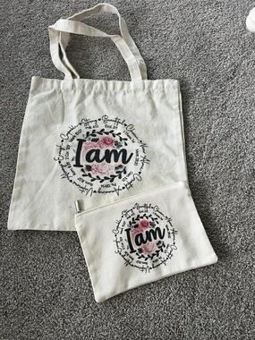 I Am Floral Canvas Tote & Pouch Set - Cream with Pink Accents